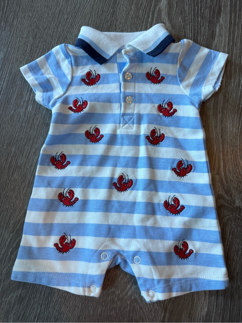 Laura Ashley Baby Blue Striped Crab Embroidered Cotton One-Piece 0-3 Months